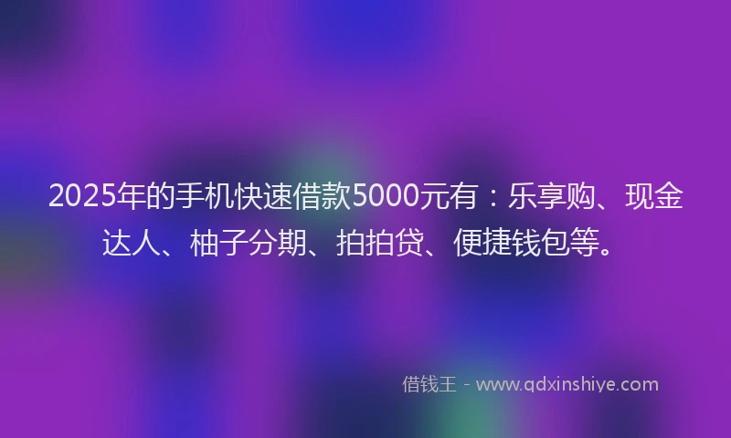 2025年的手机快速借款5000元有：乐享购、现金达人、柚子分期、拍拍贷、便捷钱包等。