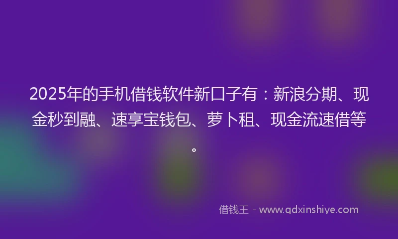 2025年的手机借钱软件新口子有：新浪分期、现金秒到融、速享宝钱包、萝卜租、现金流速借等。