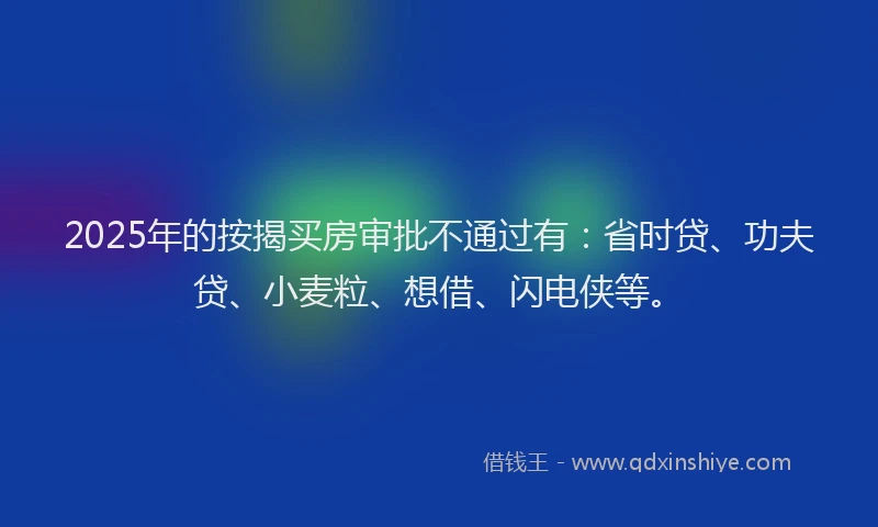 2025年的按揭买房审批不通过有：省时贷、功夫贷、小麦粒、想借、闪电侠等。