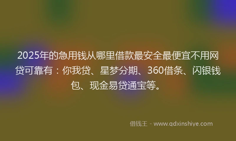 2025年的急用钱从哪里借款最安全最便宜不用网贷可靠有：你我贷、星梦分期、360借条、闪银钱包、现金易贷通宝等。