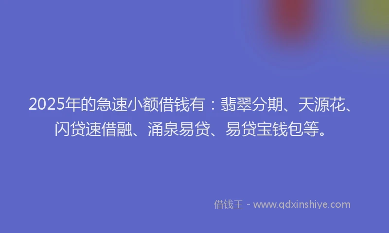 2025年的急速小额借钱有：翡翠分期、天源花、闪贷速借融、涌泉易贷、易贷宝钱包等。