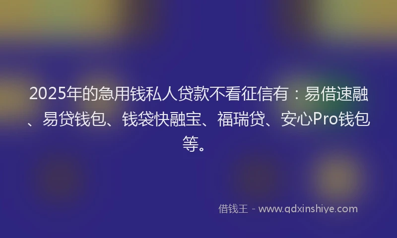 2025年的急用钱私人贷款不看征信有：易借速融、易贷钱包、钱袋快融宝、福瑞贷、安心Pro钱包等。
