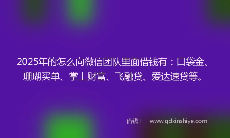 2025年的怎么向微信团队里面借钱有：口袋金、珊瑚买单、掌上财富、飞融贷、爱达速贷等。