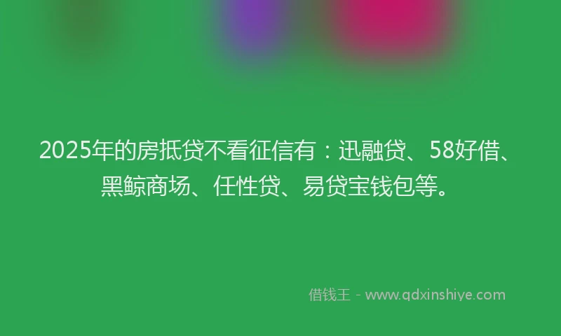 2025年的房抵贷不看征信有：迅融贷、58好借、黑鲸商场、任性贷、易贷宝钱包等。
