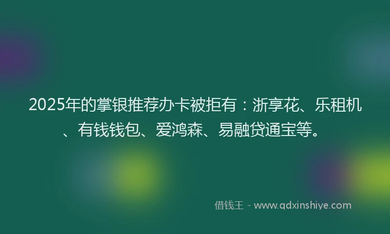 2025年的掌银推荐办卡被拒有：浙享花、乐租机、有钱钱包、爱鸿森、易融贷通宝等。