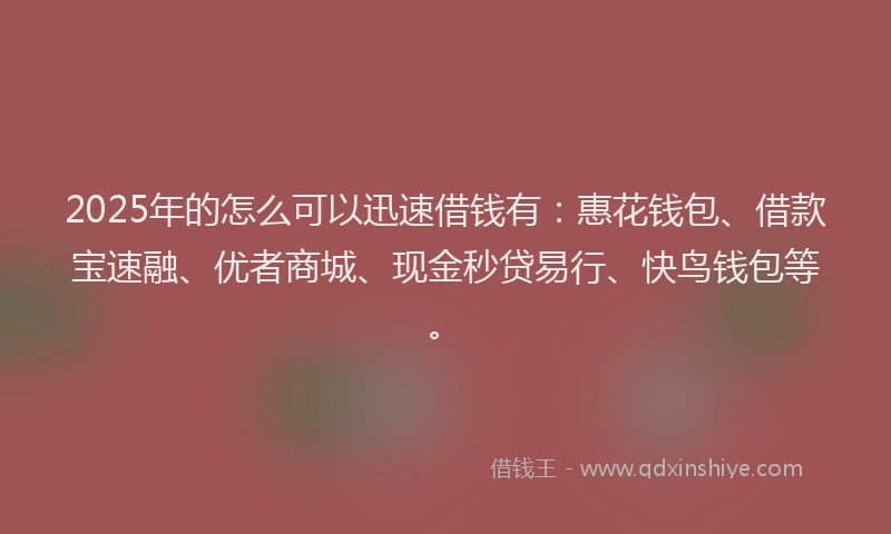 2025年的怎么可以迅速借钱有：惠花钱包、借款宝速融、优者商城、现金秒贷易行、快鸟钱包等。