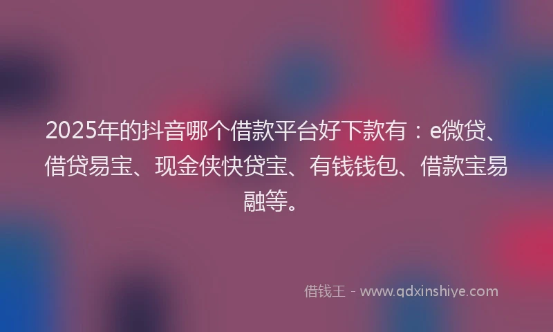 2025年的抖音哪个借款平台好下款有：e微贷、借贷易宝、现金侠快贷宝、有钱钱包、借款宝易融等。