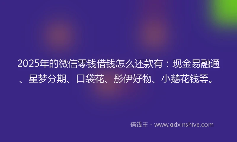 2025年的微信零钱借钱怎么还款有：现金易融通、星梦分期、口袋花、彤伊好物、小鹅花钱等。