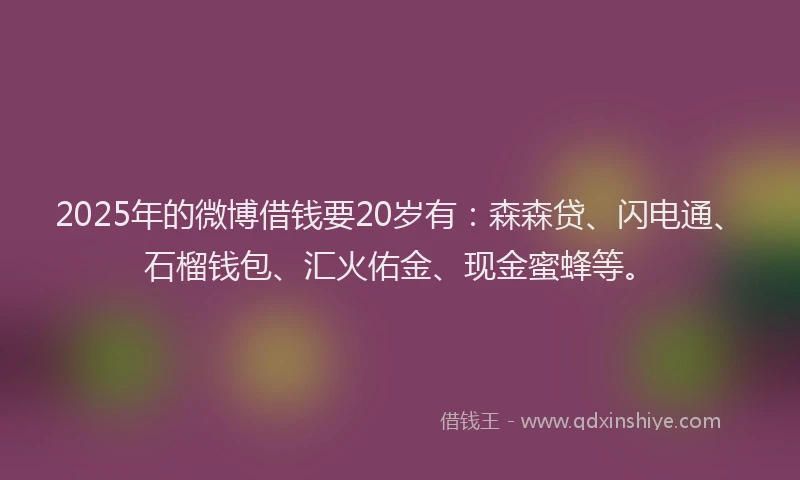 2025年的微博借钱要20岁有：森森贷、闪电通、石榴钱包、汇火佑金、现金蜜蜂等。