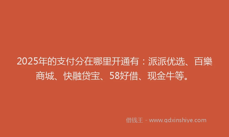 2025年的支付分在哪里开通有：派派优选、百樂商城、快融贷宝、58好借、现金牛等。