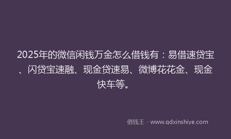 2025年的微信闲钱万金怎么借钱有：易借速贷宝、闪贷宝速融、现金贷速易、微博花花金、现金快车等。