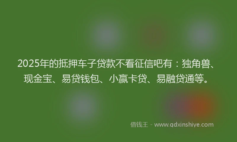 2025年的抵押车子贷款不看征信吧有：独角兽、现金宝、易贷钱包、小赢卡贷、易融贷通等。