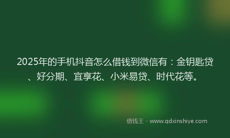 2025年的手机抖音怎么借钱到微信有：金钥匙贷、好分期、宜享花、小米易贷、时代花等。