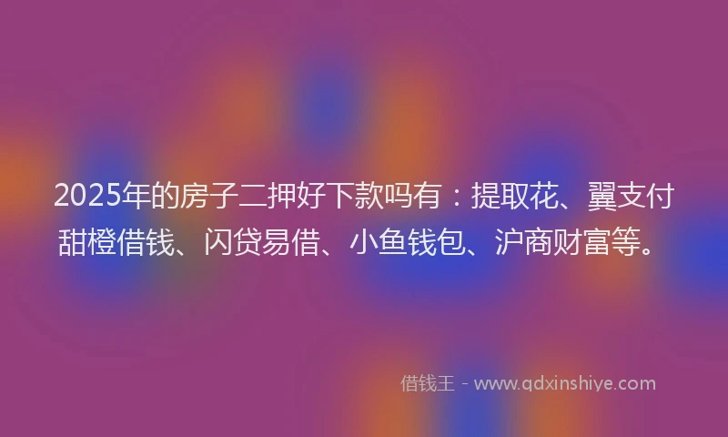 2025年的房子二押好下款吗有：提取花、翼支付甜橙借钱、闪贷易借、小鱼钱包、沪商财富等。