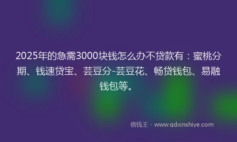 2025年的急需3000块钱怎么办不贷款有：蜜桃分期、钱速贷宝、芸豆分-芸豆花、畅贷钱包、易融钱包等。
