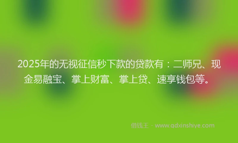 2025年的无视征信秒下款的贷款有：二师兄、现金易融宝、掌上财富、掌上贷、速享钱包等。