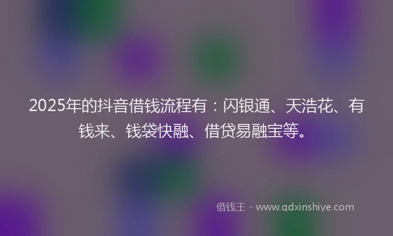 2025年的抖音借钱流程有：闪银通、天浩花、有钱来、钱袋快融、借贷易融宝等。