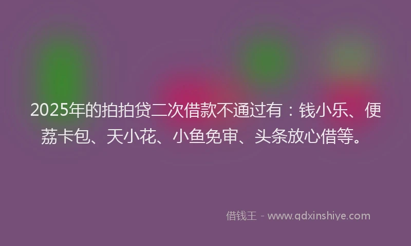 2025年的拍拍贷二次借款不通过有：钱小乐、便荔卡包、天小花、小鱼免审、头条放心借等。