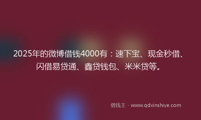 2025年的微博借钱4000有：速下宝、现金秒借、闪借易贷通、鑫贷钱包、米米贷等。