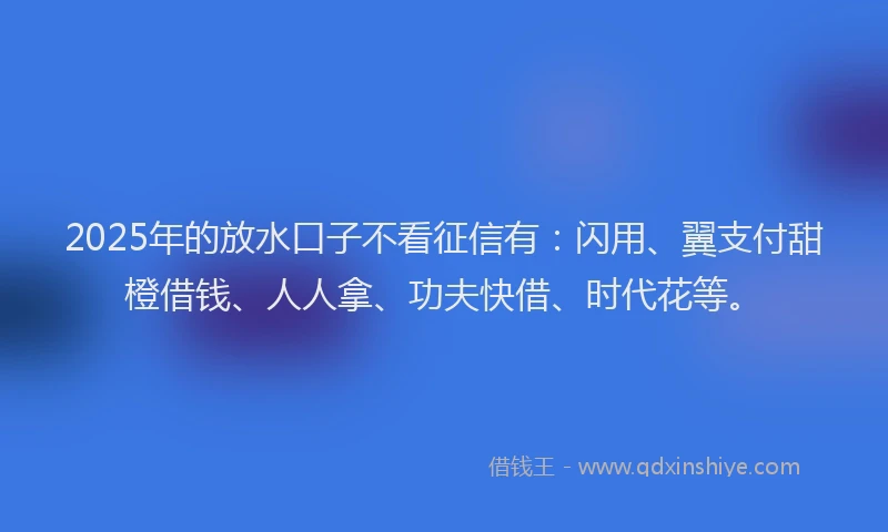 2025年的放水口子不看征信有：闪用、翼支付甜橙借钱、人人拿、功夫快借、时代花等。