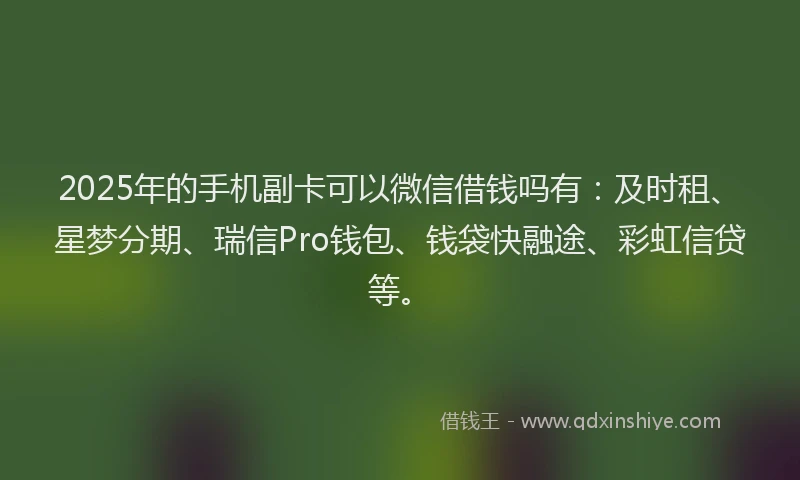 2025年的手机副卡可以微信借钱吗有：及时租、星梦分期、瑞信Pro钱包、钱袋快融途、彩虹信贷等。