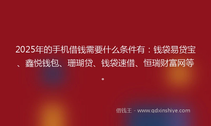 2025年的手机借钱需要什么条件有：钱袋易贷宝、鑫悦钱包、珊瑚贷、钱袋速借、恒瑞财富网等。