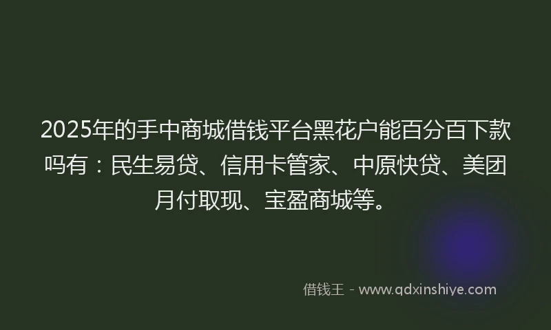 2025年的手中商城借钱平台黑花户能百分百下款吗有：民生易贷、信用卡管家、中原快贷、美团月付取现、宝盈商城等。