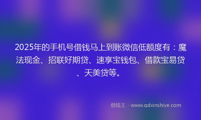 2025年的手机号借钱马上到账微信低额度有：魔法现金、招联好期贷、速享宝钱包、借款宝易贷、天美贷等。