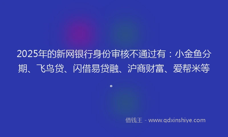 2025年的新网银行身份审核不通过有：小金鱼分期、飞鸟贷、闪借易贷融、沪商财富、爱帮米等。