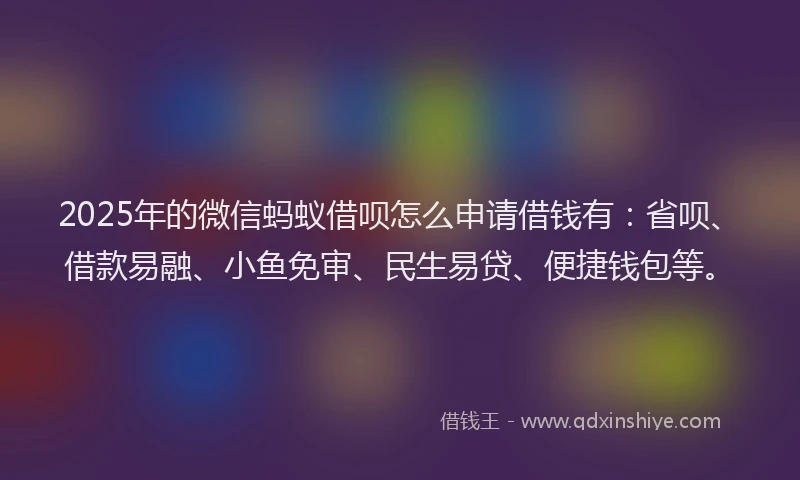 2025年的微信蚂蚁借呗怎么申请借钱有：省呗、借款易融、小鱼免审、民生易贷、便捷钱包等。