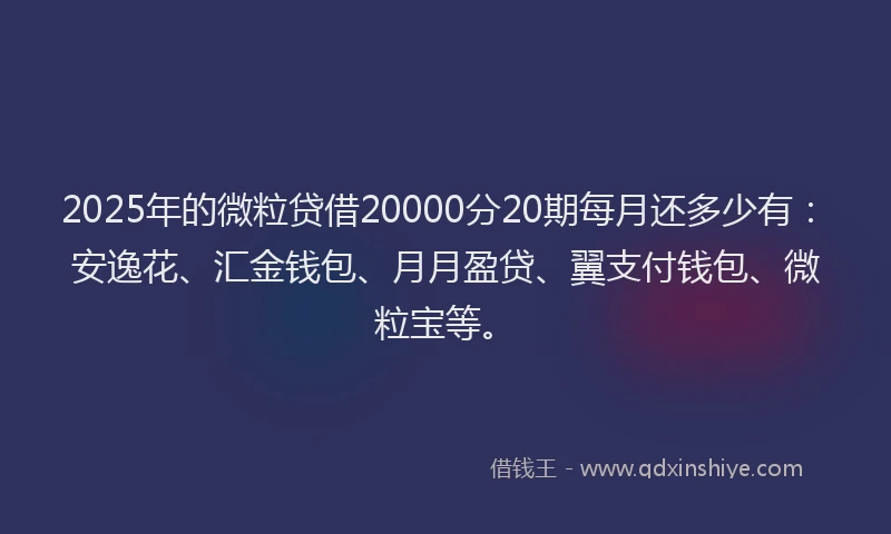 2025年的微粒贷借20000分20期每月还多少有：安逸花、汇金钱包、月月盈贷、翼支付钱包、微粒宝等。