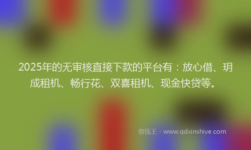 2025年的无审核直接下款的平台有：放心借、玥成租机、畅行花、双喜租机、现金快贷等。