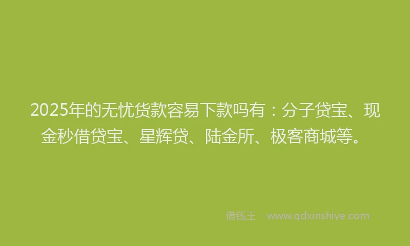 2025年的无忧货款容易下款吗有：分子贷宝、现金秒借贷宝、星辉贷、陆金所、极客商城等。