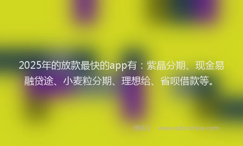 2025年的放款最快的app有：紫晶分期、现金易融贷途、小麦粒分期、理想给、省呗借款等。