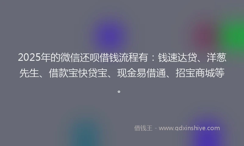 2025年的微信还呗借钱流程有：钱速达贷、洋葱先生、借款宝快贷宝、现金易借通、招宝商城等。