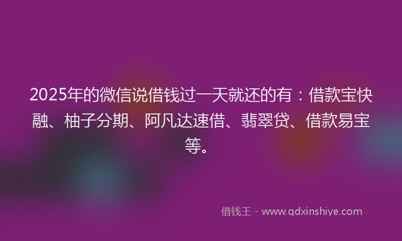 2025年的微信说借钱过一天就还的有：借款宝快融、柚子分期、阿凡达速借、翡翠贷、借款易宝等。