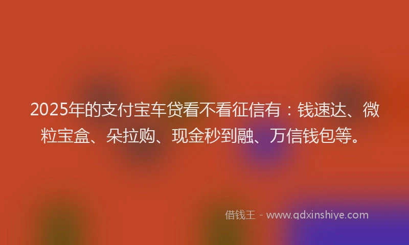 2025年的支付宝车贷看不看征信有：钱速达、微粒宝盒、朵拉购、现金秒到融、万信钱包等。