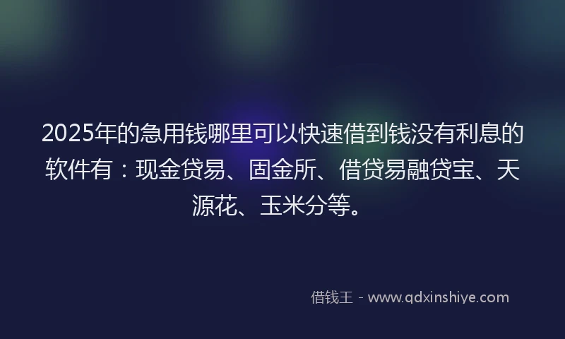 2025年的急用钱哪里可以快速借到钱没有利息的软件有：现金贷易、固金所、借贷易融贷宝、天源花、玉米分等。