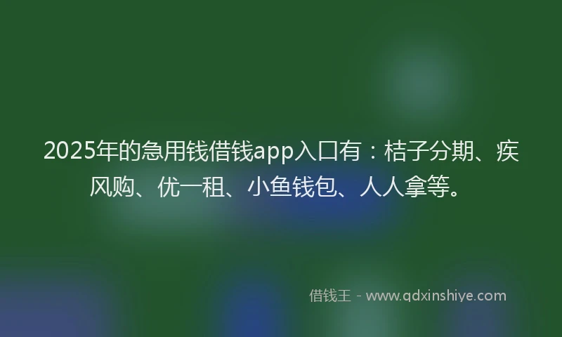 2025年的急用钱借钱app入口有：桔子分期、疾风购、优一租、小鱼钱包、人人拿等。
