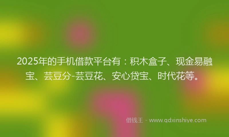 2025年的手机借款平台有：积木盒子、现金易融宝、芸豆分-芸豆花、安心贷宝、时代花等。