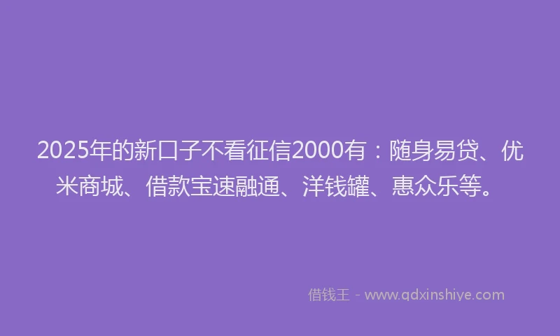 2025年的新口子不看征信2000有：随身易贷、优米商城、借款宝速融通、洋钱罐、惠众乐等。