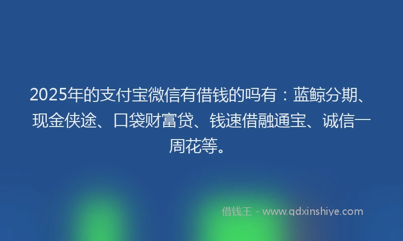 2025年的支付宝微信有借钱的吗有：蓝鲸分期、现金侠途、口袋财富贷、钱速借融通宝、诚信一周花等。