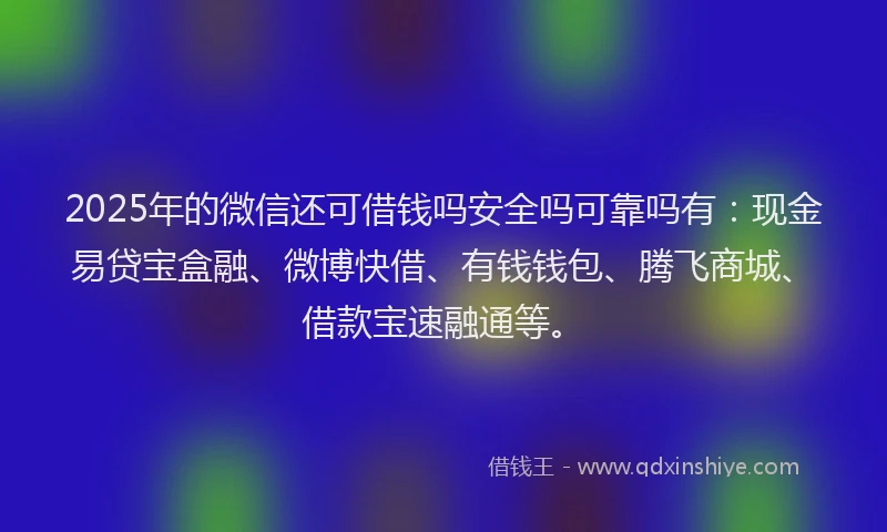2025年的微信还可借钱吗安全吗可靠吗有：现金易贷宝盒融、微博快借、有钱钱包、腾飞商城、借款宝速融通等。