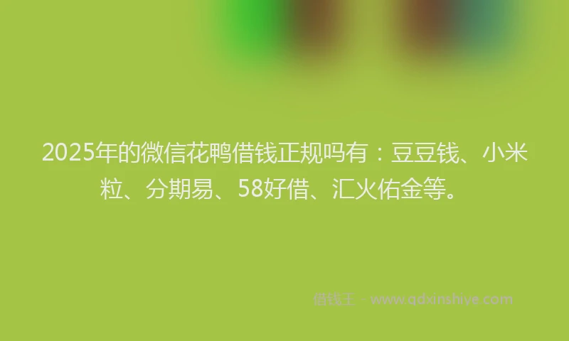 2025年的微信花鸭借钱正规吗有：豆豆钱、小米粒、分期易、58好借、汇火佑金等。