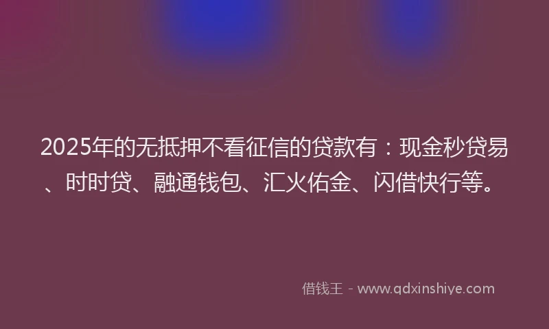 2025年的无抵押不看征信的贷款有：现金秒贷易、时时贷、融通钱包、汇火佑金、闪借快行等。