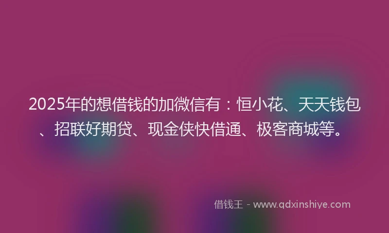 2025年的想借钱的加微信有：恒小花、天天钱包、招联好期贷、现金侠快借通、极客商城等。