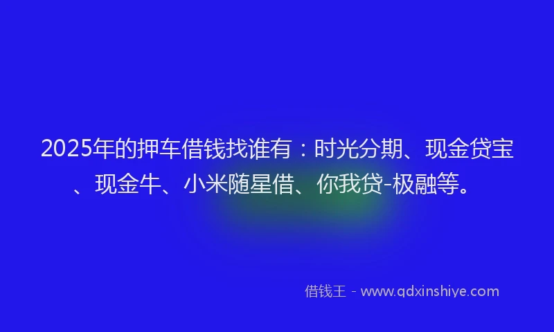 2025年的押车借钱找谁有：时光分期、现金贷宝、现金牛、小米随星借、你我贷-极融等。