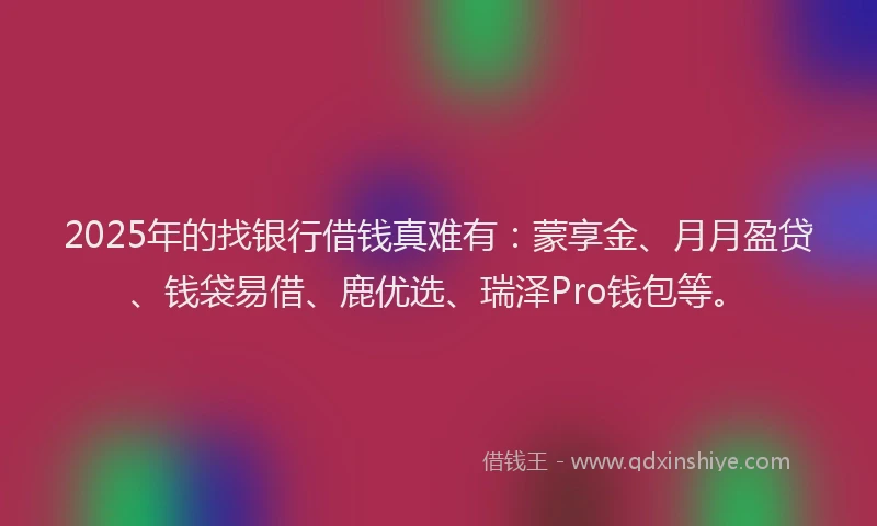 2025年的找银行借钱真难有：蒙享金、月月盈贷、钱袋易借、鹿优选、瑞泽Pro钱包等。