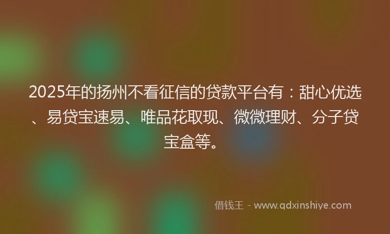 2025年的扬州不看征信的贷款平台有：甜心优选、易贷宝速易、唯品花取现、微微理财、分子贷宝盒等。