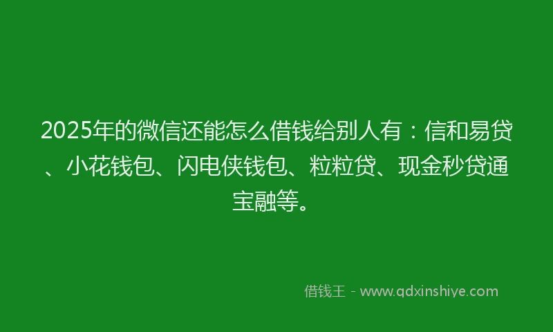 2025年的微信还能怎么借钱给别人有：信和易贷、小花钱包、闪电侠钱包、粒粒贷、现金秒贷通宝融等。